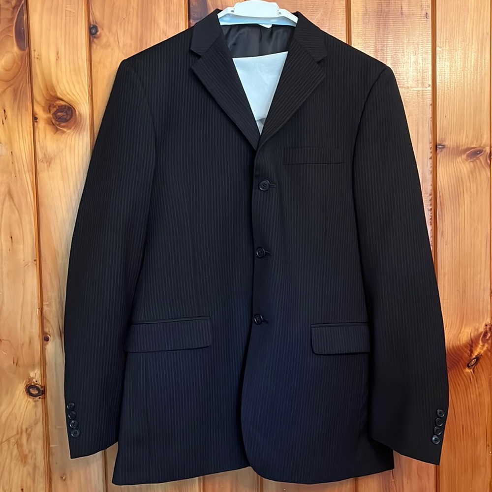 Men’s 100% wool jacket by access (a Claiborne company) black pinstripes.  42L.